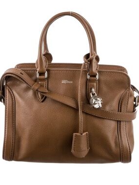 Alexander McQueen Cognac Pebbled Leather Satchel with Skull Charm and keys: EUC